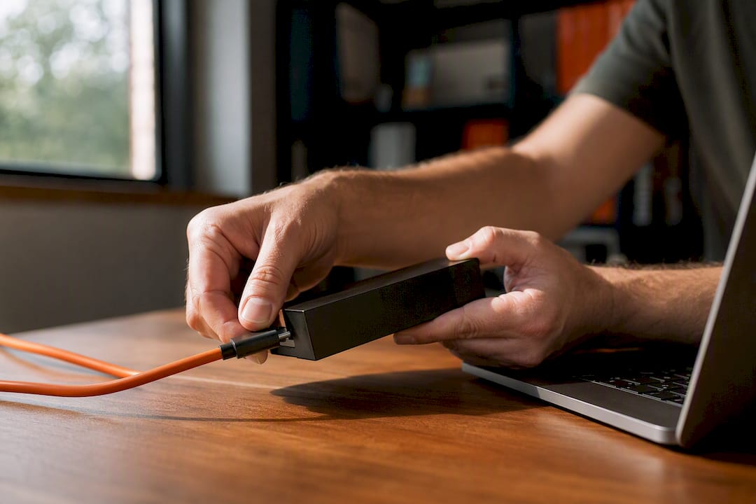 Hands connecting device accessories in workspace