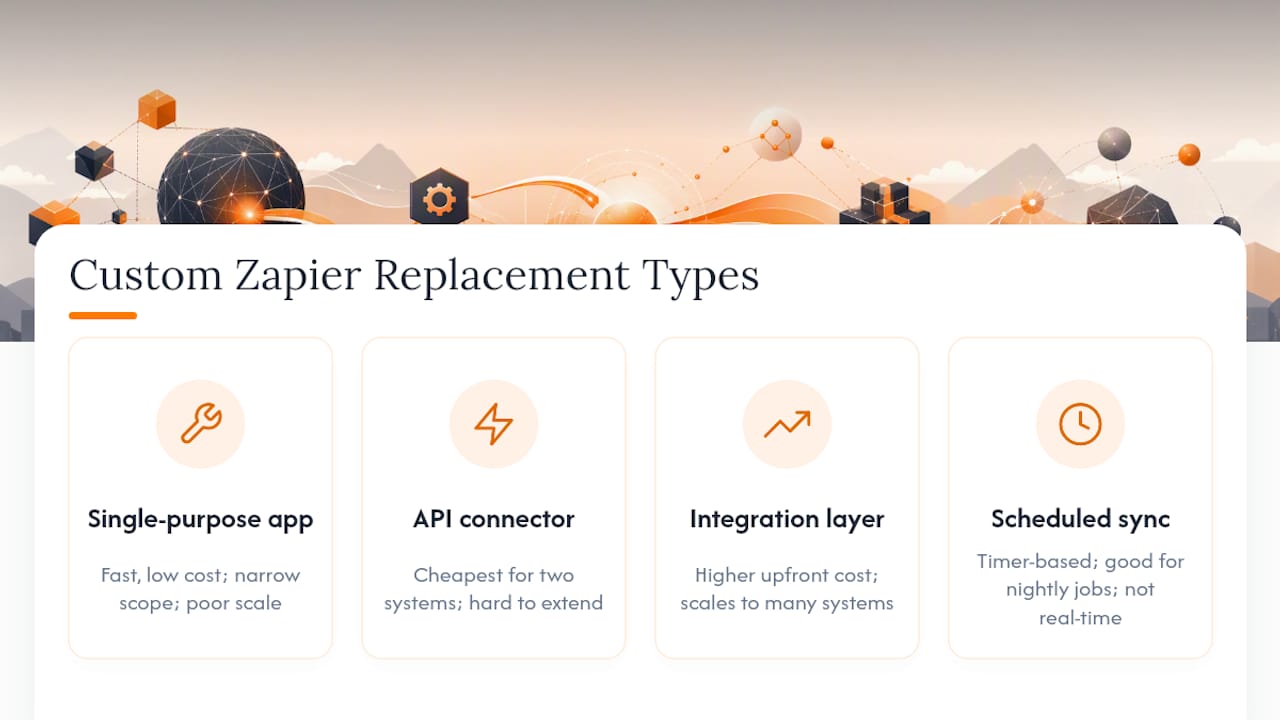 Comparison diagram of custom Zapier replacement types