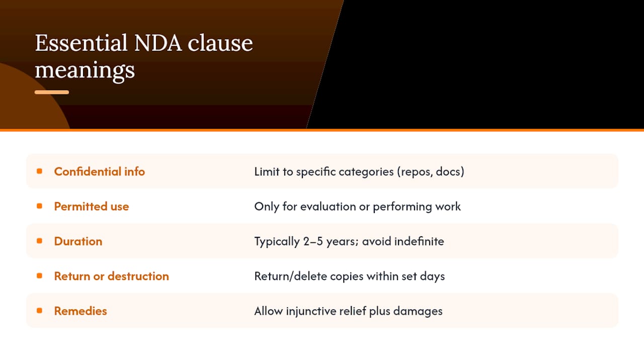 What do the essential NDA clauses actually mean? — overview diagram