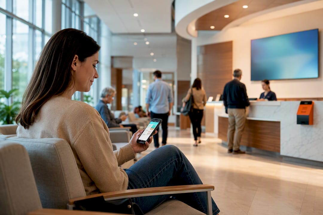 Customers using a digital queue in clinic