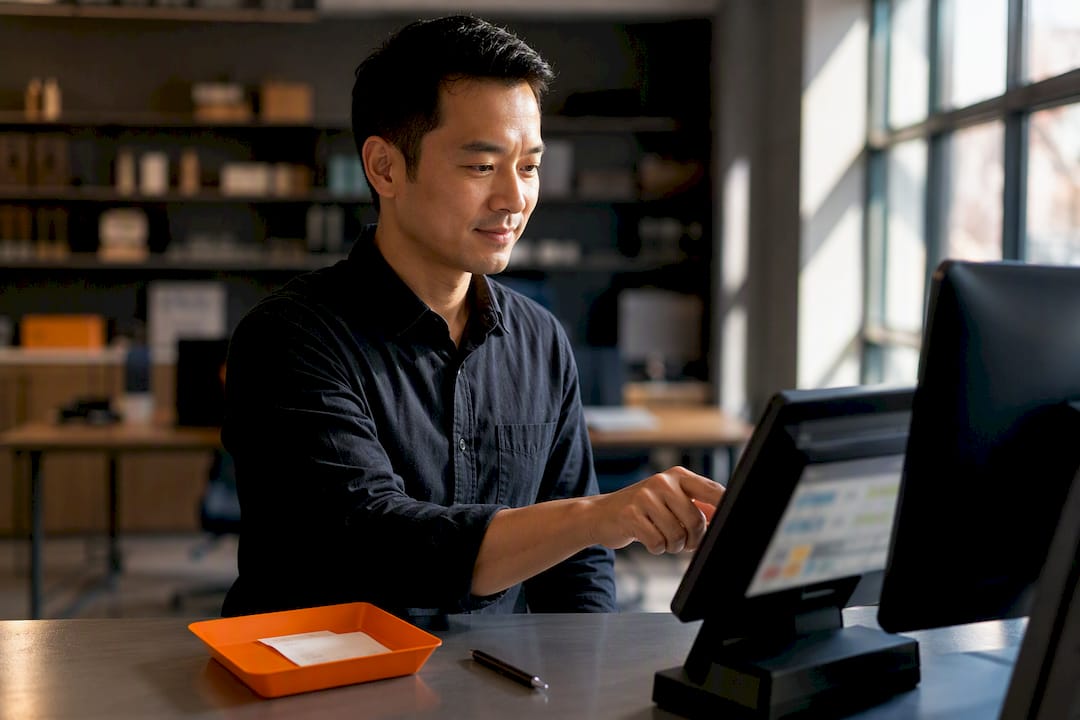 Manager testing a POS accounting pilot sale