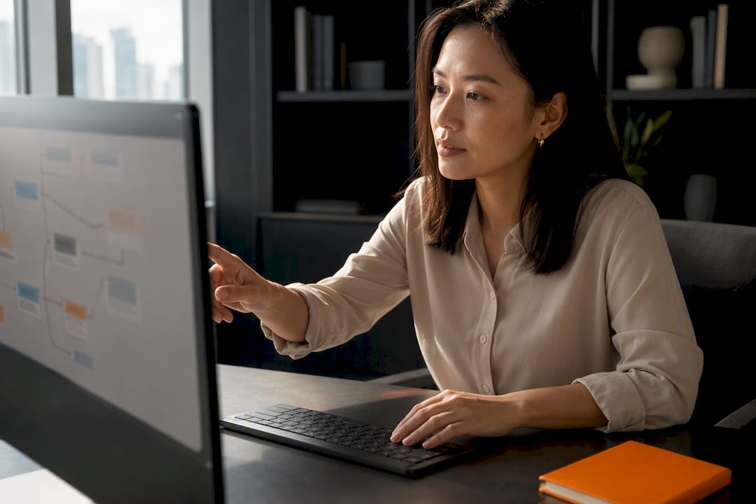 Manager reviewing linked records on screen
